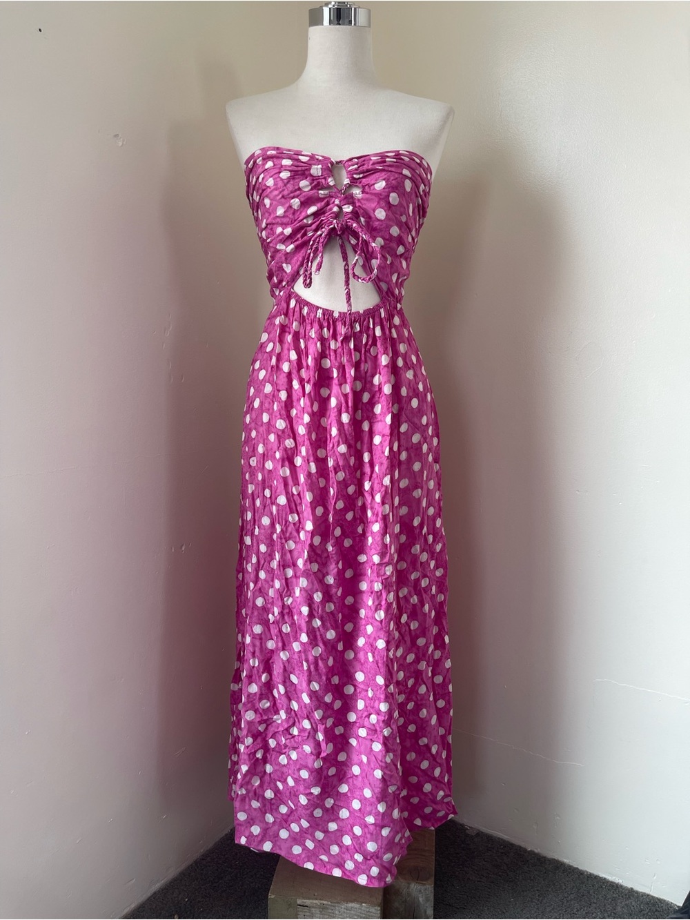 Tiare Hawaii Strapless Pink and White Polka Dot Cutout Maxi Dress